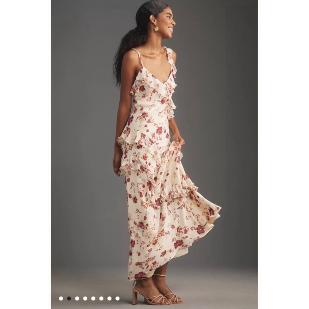 Anthropologie Cream Floral Ruffle Maxi Dress with Pink Blooms
